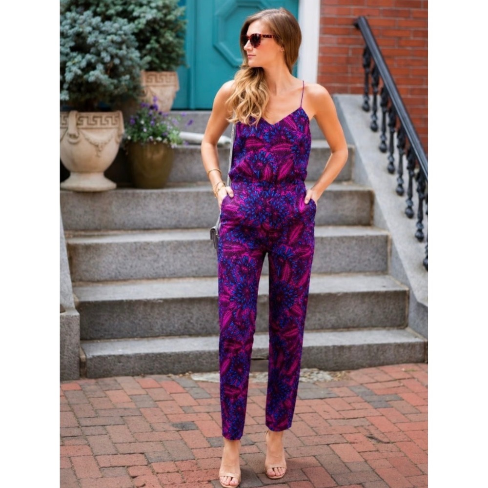 J.Crew Midnight Floral Silk Jumpsuit size 6 Pockets Silk! purple fuchsia magenta